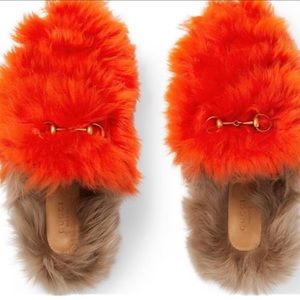 Gucci Orange and Brown Fur Mules